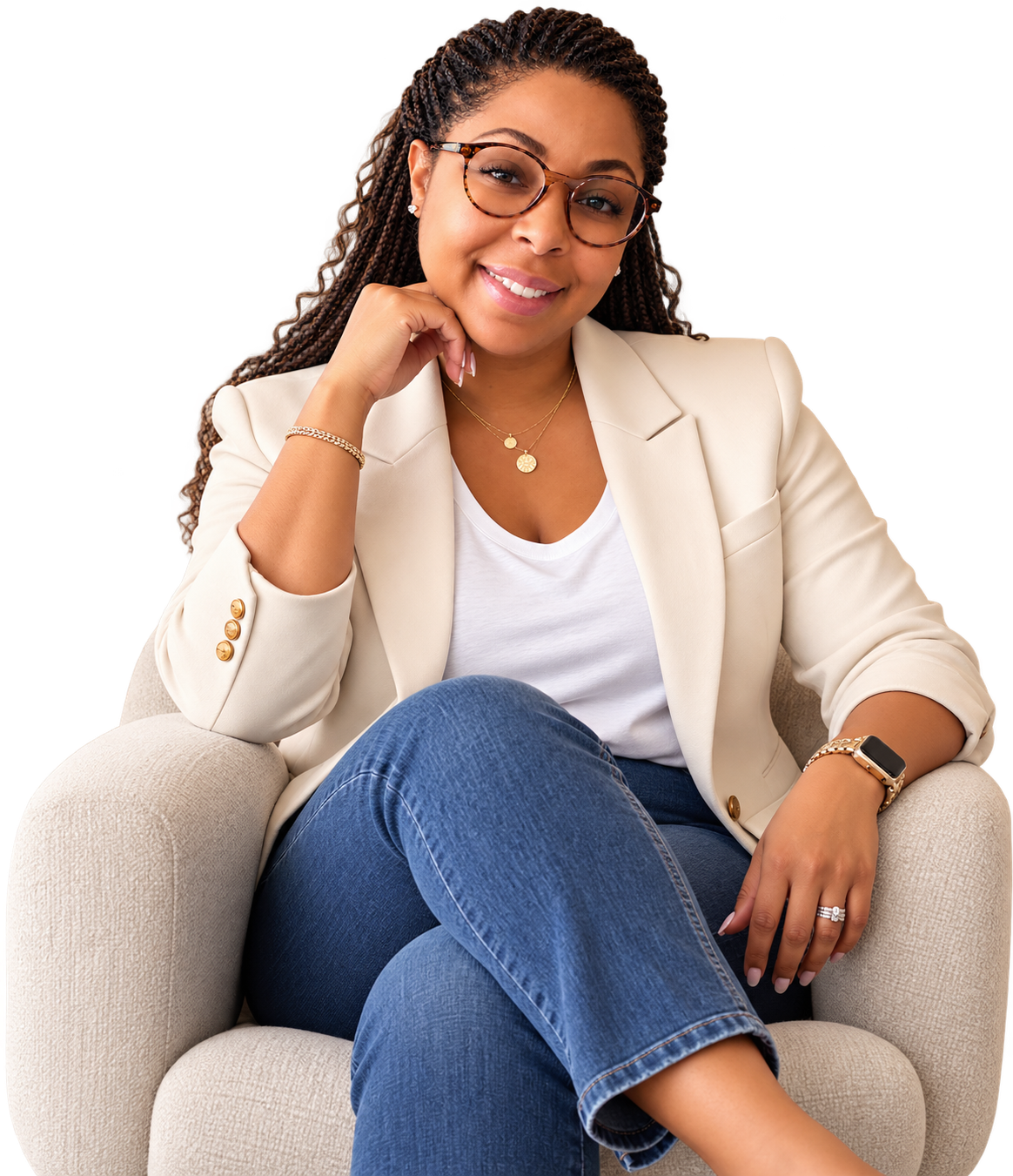 Tiffany Anthony smiling, seated in a white blazer and jeans.